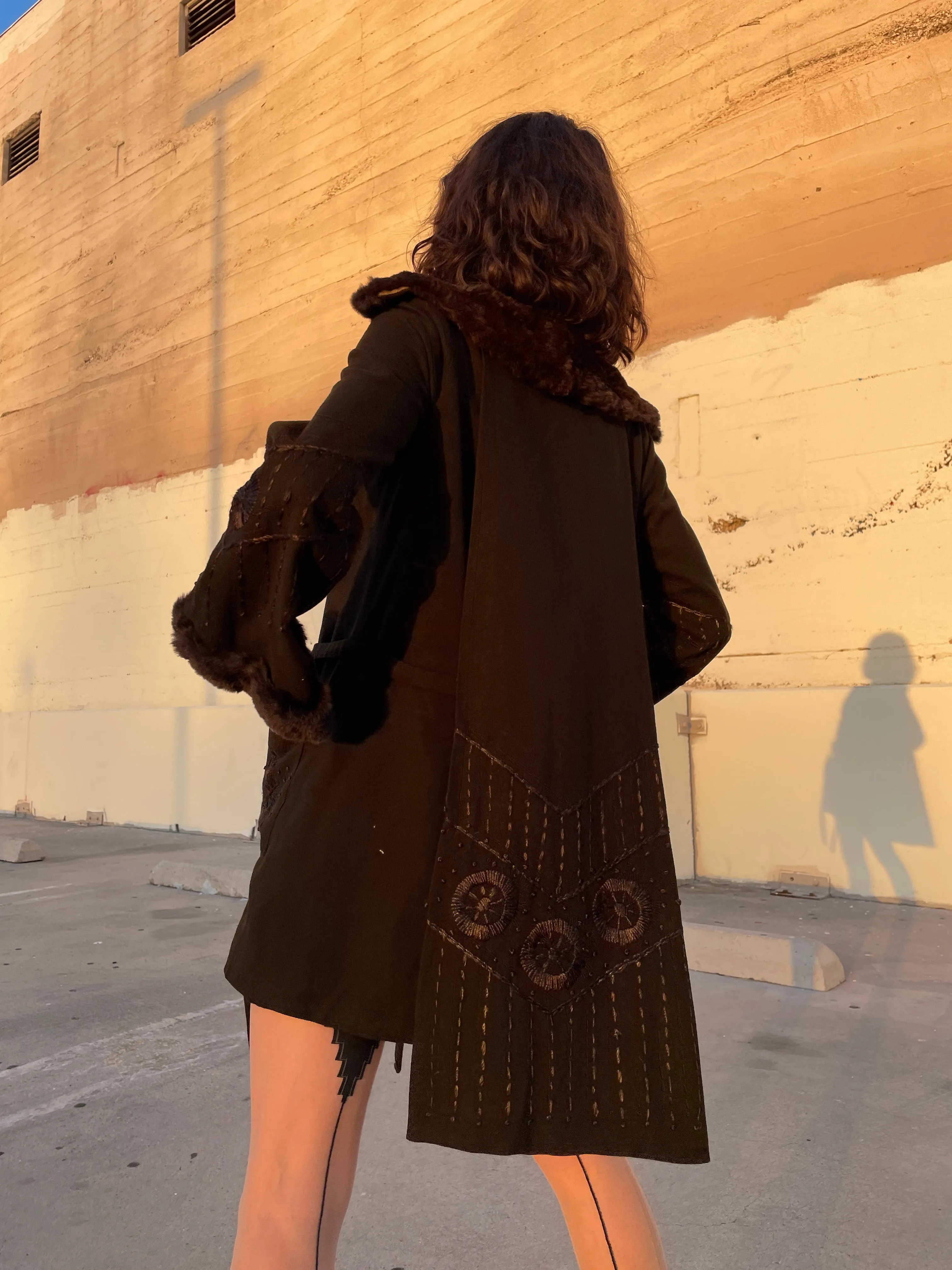 1920s Brown Wool Silk Embroidered Arts & Crafts Belted Coat w/ Rabbit Fur Trim