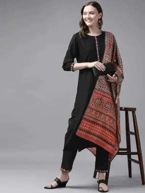 Black Solid Kurta Set With Digital Printed Dupatta