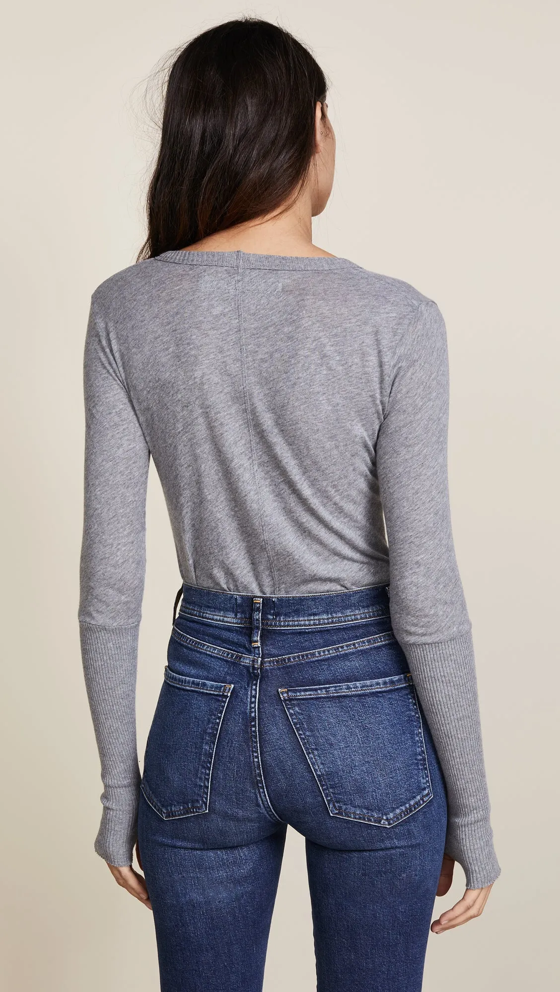 Cashmere Cuffed V Neck Sweater - Smoke