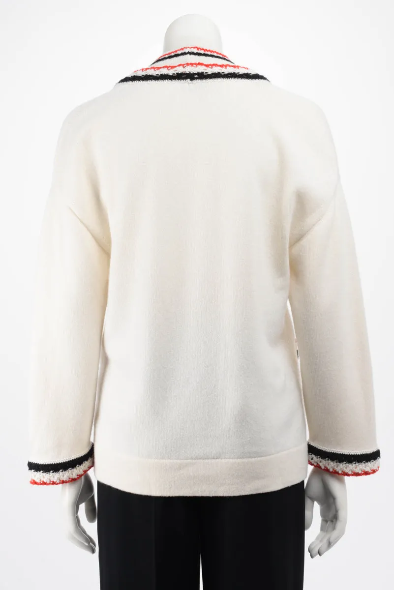 Chanel Cream Cashmere V-Neck Braided Trim Sweater FR 36