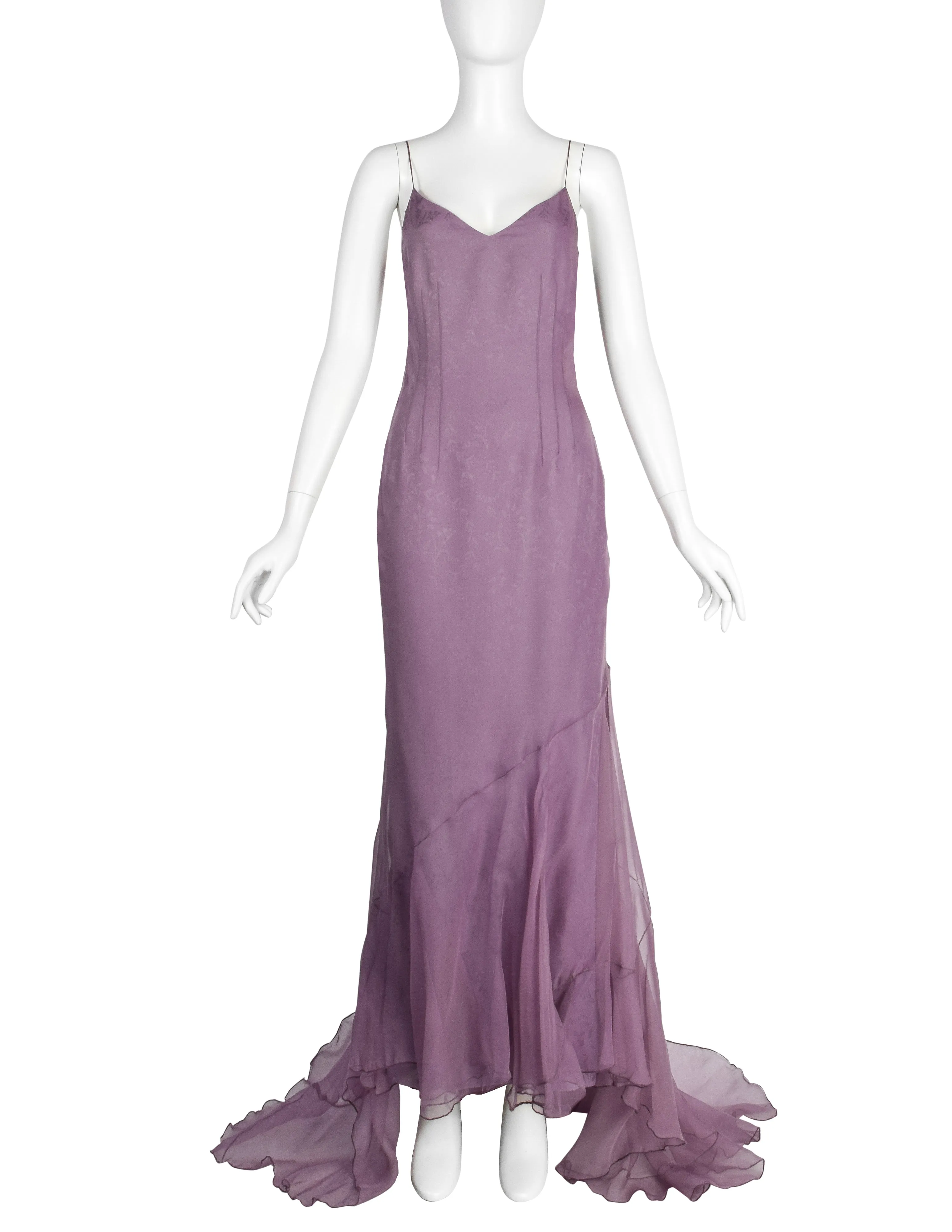 Christian Dior by John Galliano Vintage SS 1998 'In a Boudoir Mood' Spectacular Dusty Lavender Silk Damask Satin Chiffon Trained Evening Gown