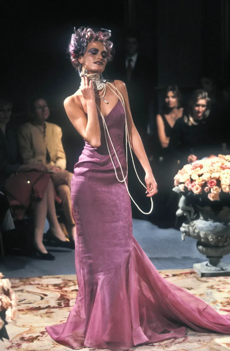 Christian Dior by John Galliano Vintage SS 1998 'In a Boudoir Mood' Spectacular Dusty Lavender Silk Damask Satin Chiffon Trained Evening Gown