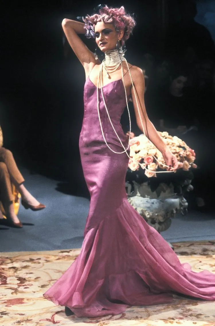 Christian Dior by John Galliano Vintage SS 1998 'In a Boudoir Mood' Spectacular Dusty Lavender Silk Damask Satin Chiffon Trained Evening Gown
