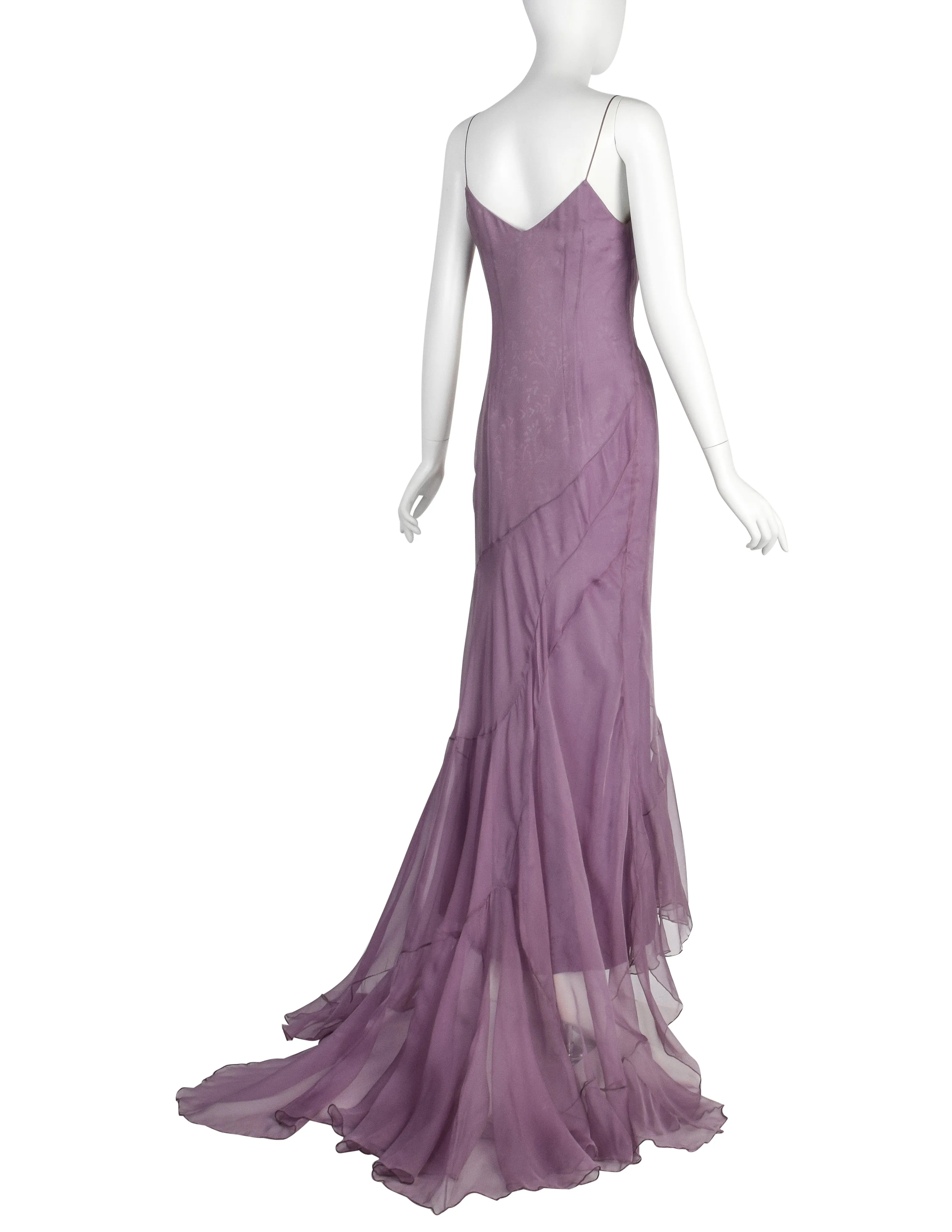 Christian Dior by John Galliano Vintage SS 1998 'In a Boudoir Mood' Spectacular Dusty Lavender Silk Damask Satin Chiffon Trained Evening Gown