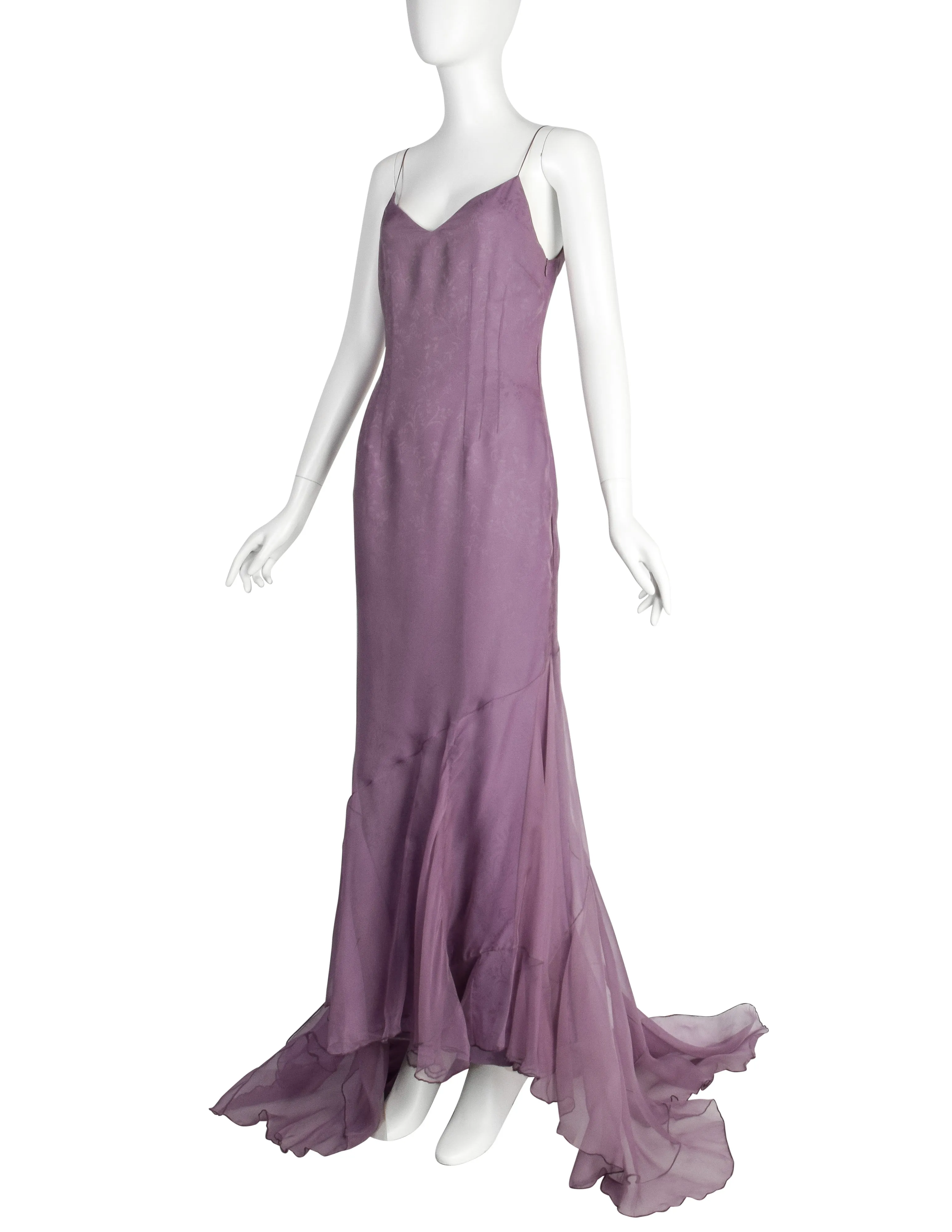 Christian Dior by John Galliano Vintage SS 1998 'In a Boudoir Mood' Spectacular Dusty Lavender Silk Damask Satin Chiffon Trained Evening Gown