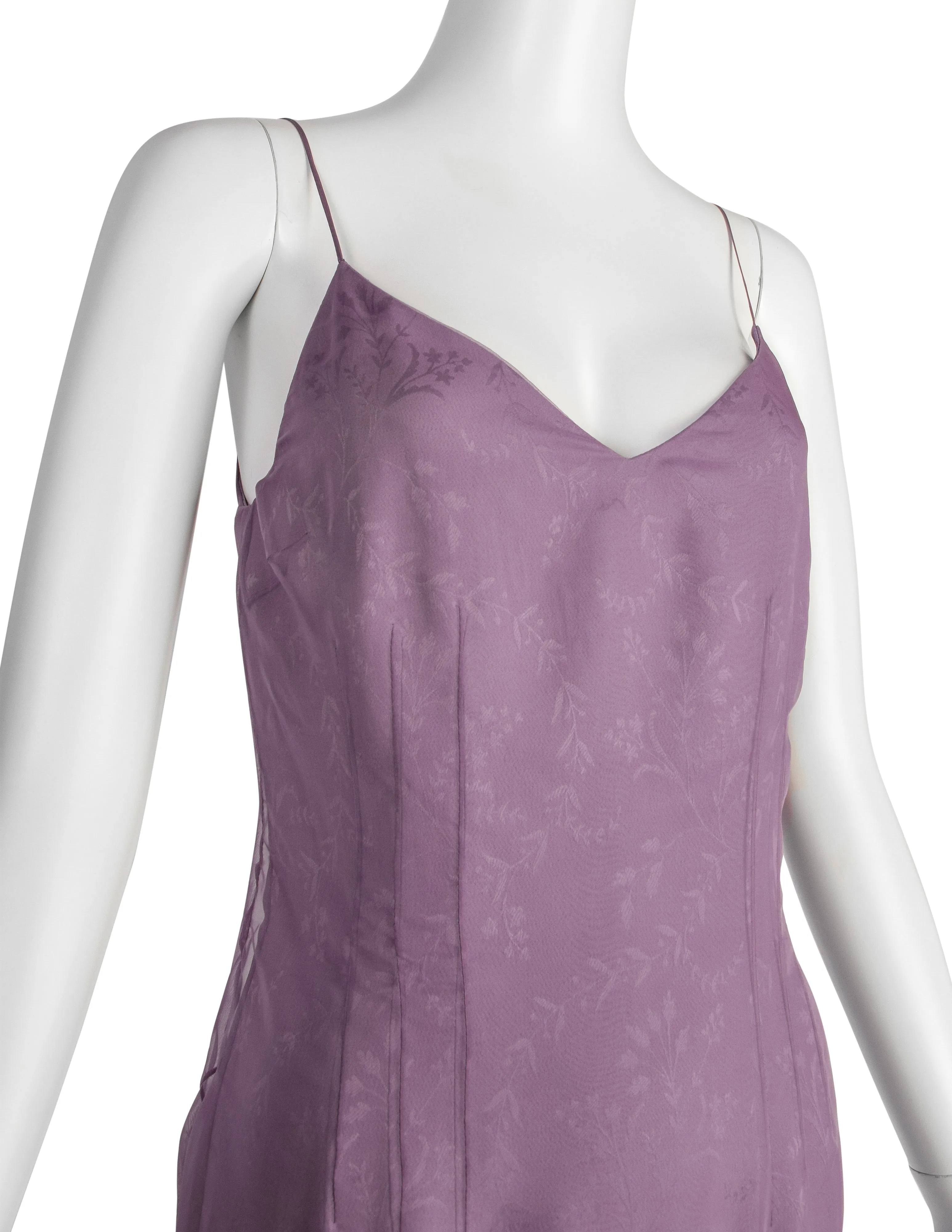 Christian Dior by John Galliano Vintage SS 1998 'In a Boudoir Mood' Spectacular Dusty Lavender Silk Damask Satin Chiffon Trained Evening Gown