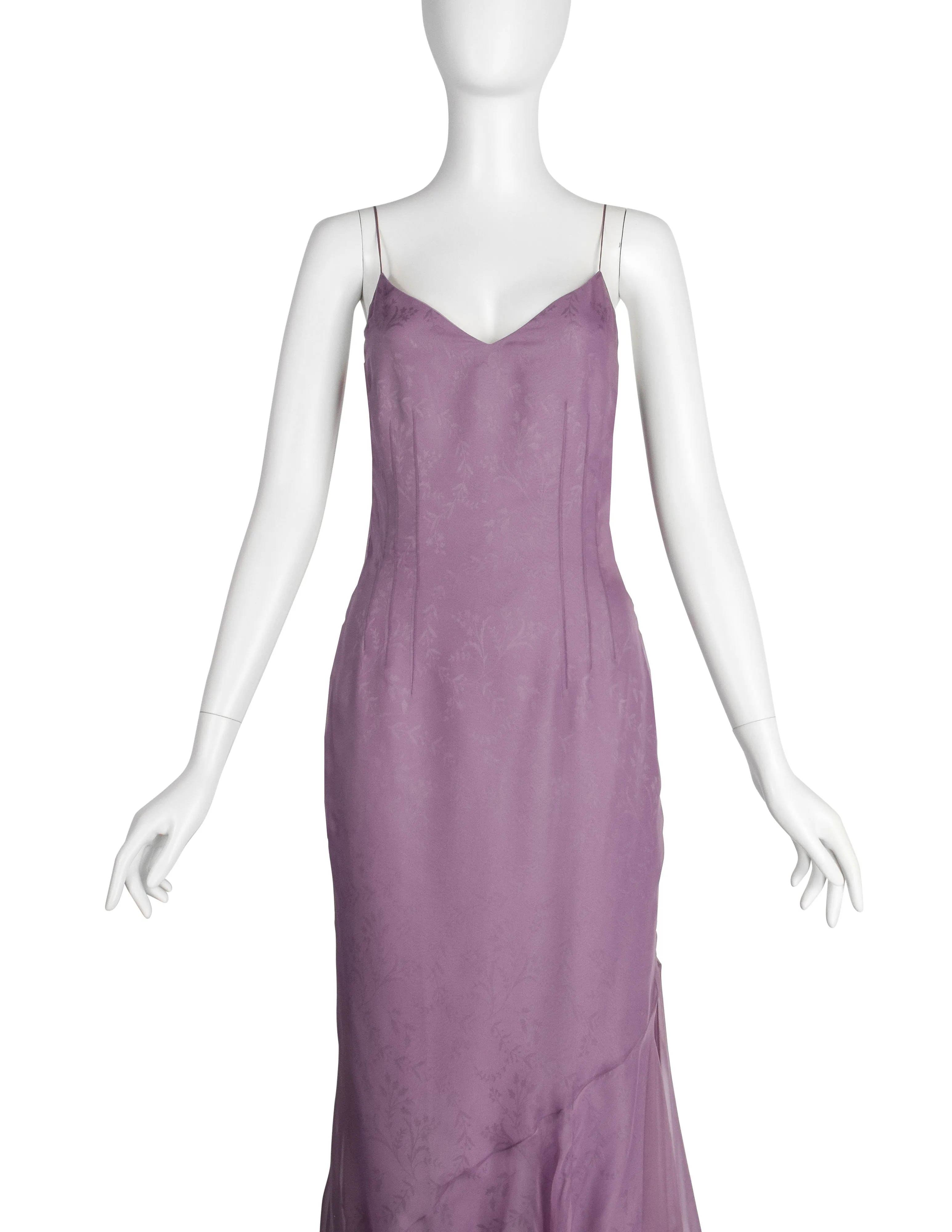 Christian Dior by John Galliano Vintage SS 1998 'In a Boudoir Mood' Spectacular Dusty Lavender Silk Damask Satin Chiffon Trained Evening Gown