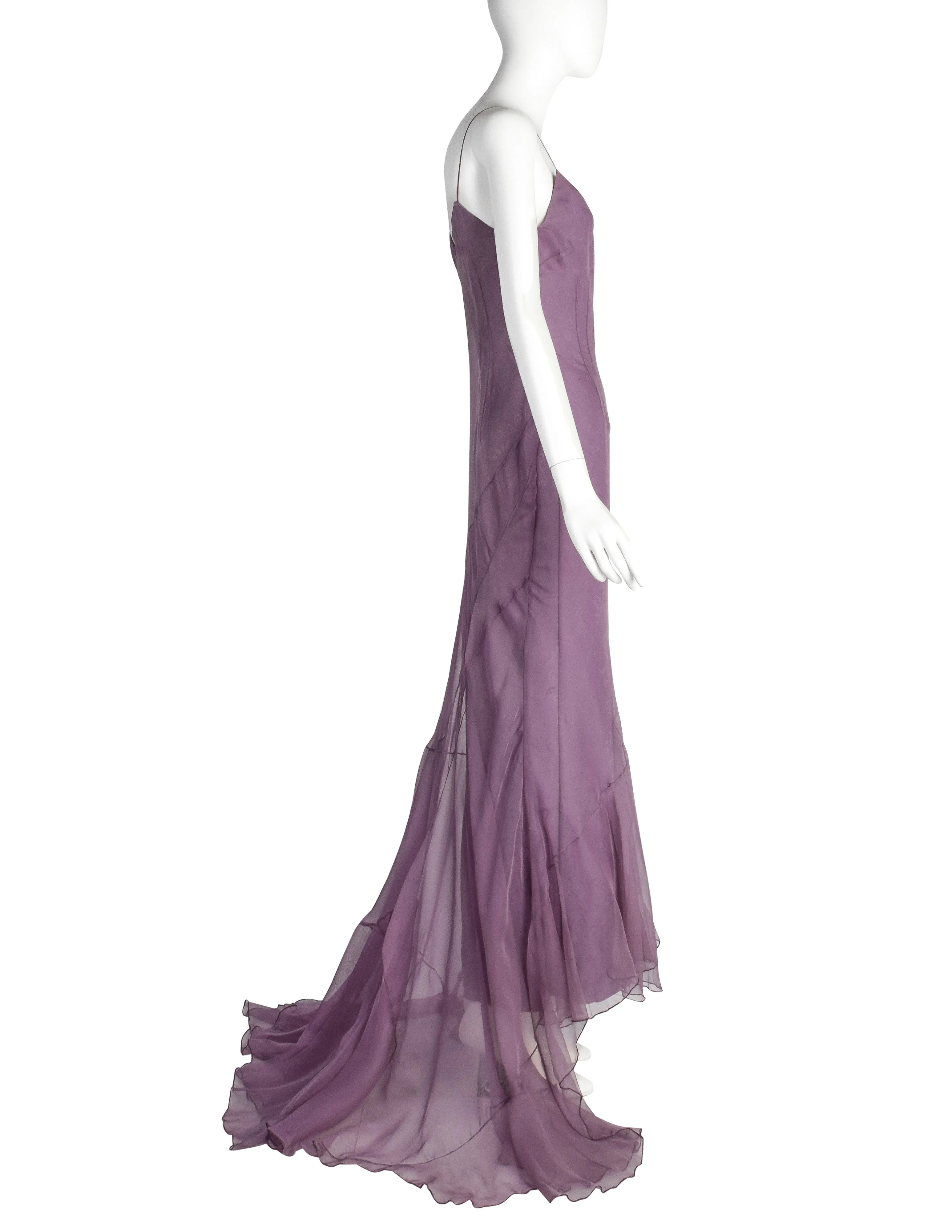 Christian Dior by John Galliano Vintage SS 1998 'In a Boudoir Mood' Spectacular Dusty Lavender Silk Damask Satin Chiffon Trained Evening Gown