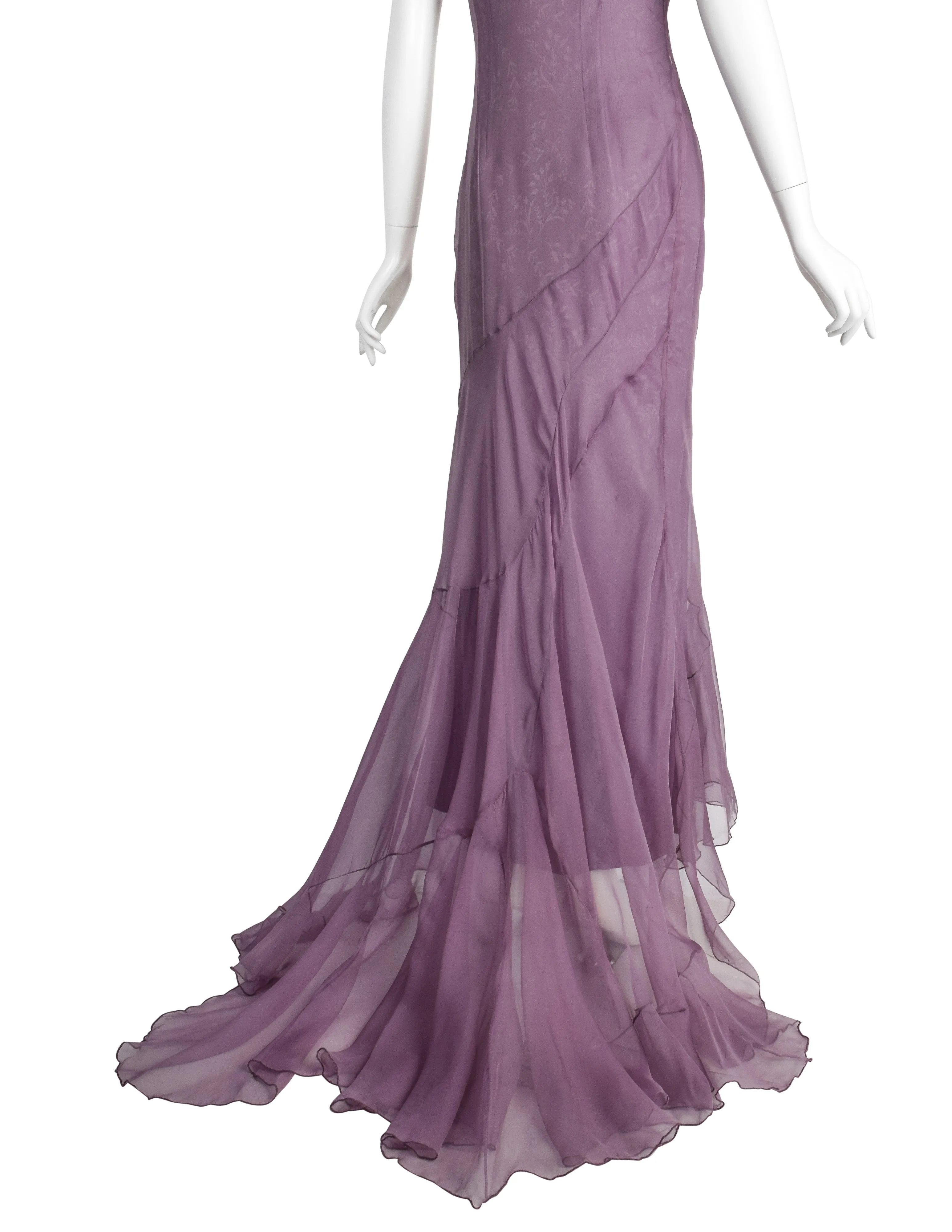 Christian Dior by John Galliano Vintage SS 1998 'In a Boudoir Mood' Spectacular Dusty Lavender Silk Damask Satin Chiffon Trained Evening Gown