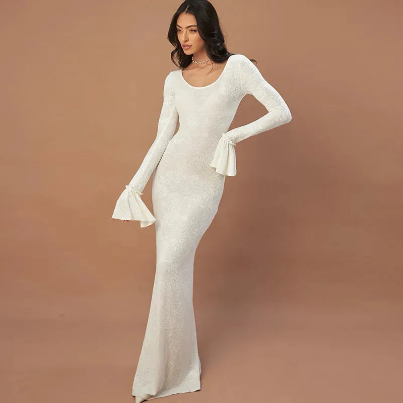 Flare Sleeve Jacquard Maxi Dress – Evening Elegance