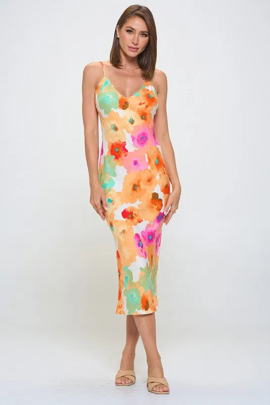 Floral V-Neckline Slip Midi Dress