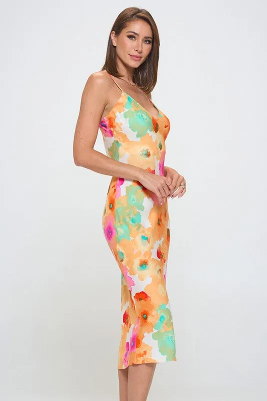 Floral V-Neckline Slip Midi Dress