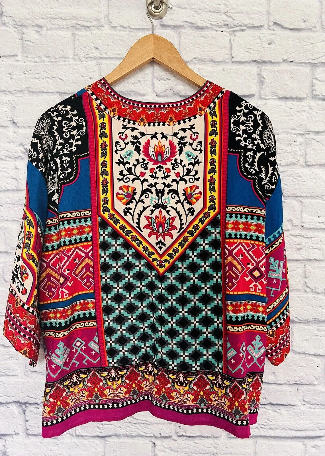 FLYING TOMATO Black Geometric Print Open Front Kimono Jacket Sz M Lightweight