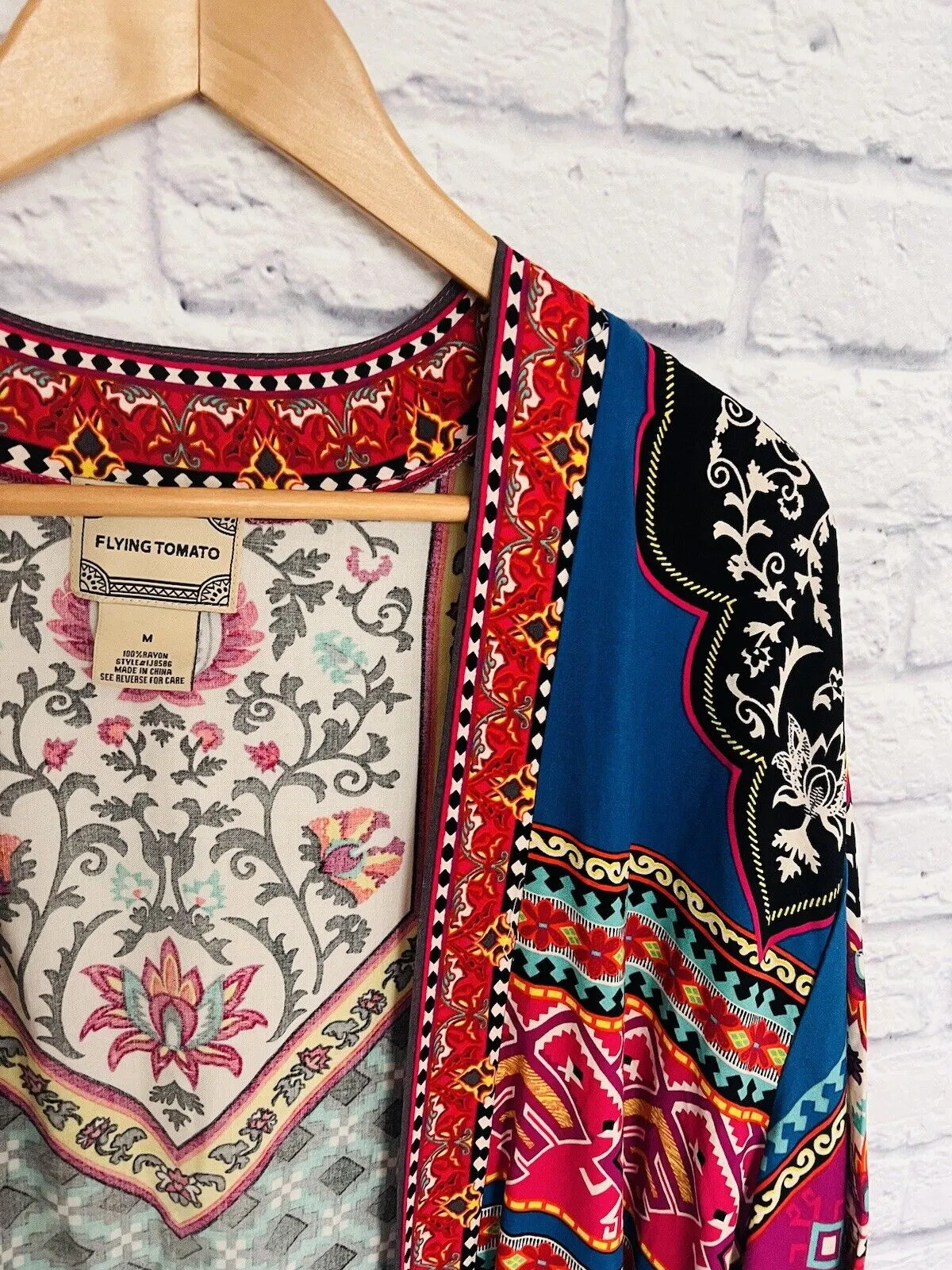 FLYING TOMATO Black Geometric Print Open Front Kimono Jacket Sz M Lightweight