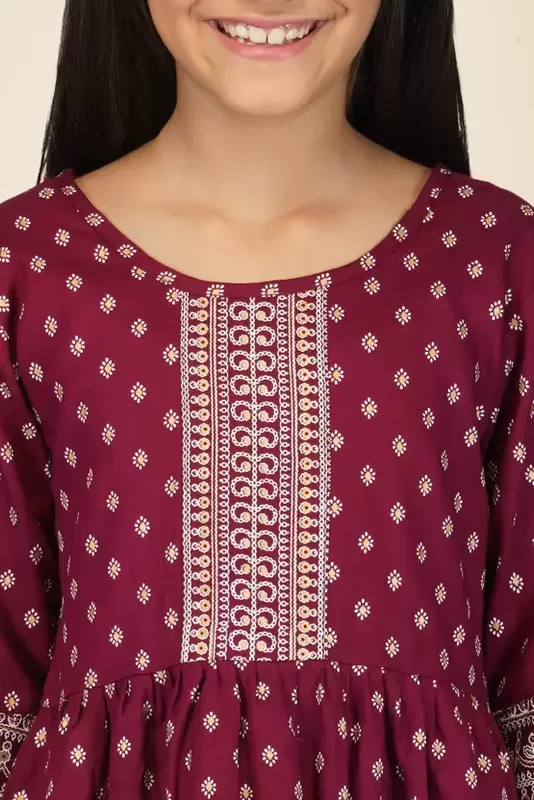 Girl's Wine Cotton Floral Printed Kurta Dhoti Pant Set With Dupatta - Malishka Export Girls