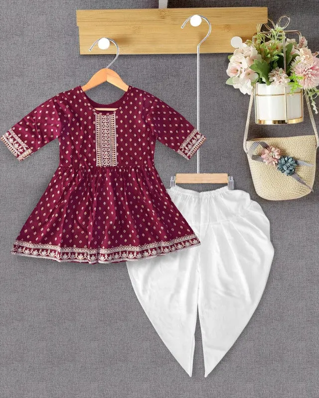 Girl's Wine Cotton Floral Printed Kurta Dhoti Pant Set With Dupatta - Malishka Export Girls