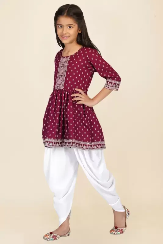 Girl's Wine Cotton Floral Printed Kurta Dhoti Pant Set With Dupatta - Malishka Export Girls