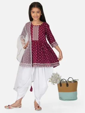 Girl's Wine Cotton Floral Printed Kurta Dhoti Pant Set With Dupatta - Malishka Export Girls