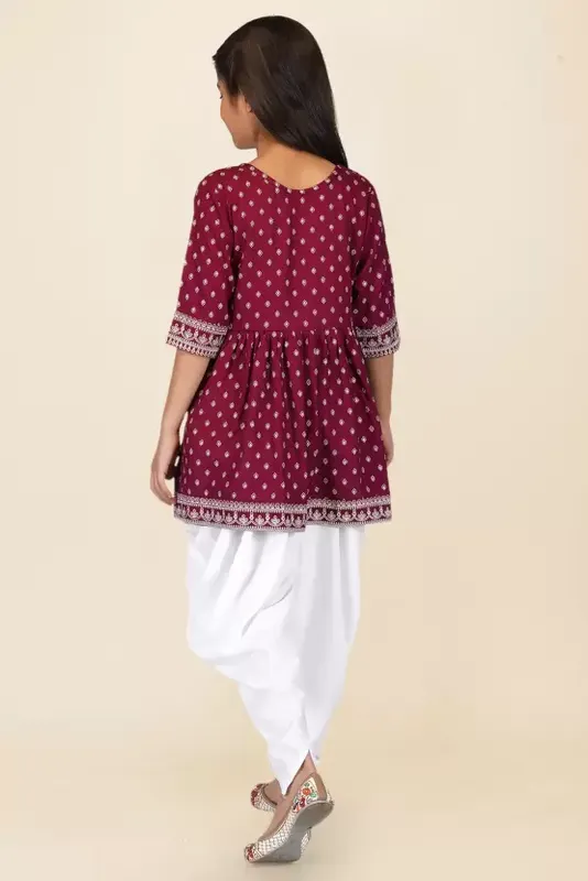 Girl's Wine Cotton Floral Printed Kurta Dhoti Pant Set With Dupatta - Malishka Export Girls