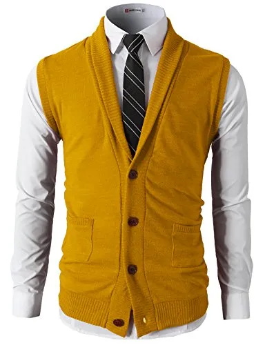H2H Men Fashion Basic Shawl Collar Knitted Slim Line Vest MUSTARD US M/Asia L (CMOV034)