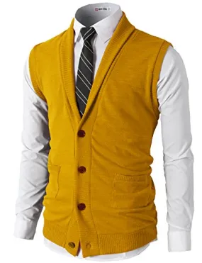 H2H Men Fashion Basic Shawl Collar Knitted Slim Line Vest MUSTARD US M/Asia L (CMOV034)