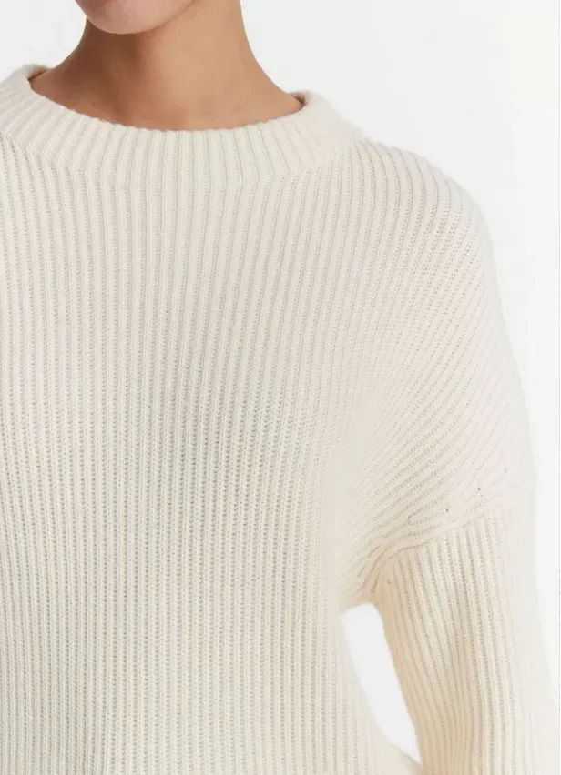 Ivory Cotton Cashmere Ribbed Funnel Neck