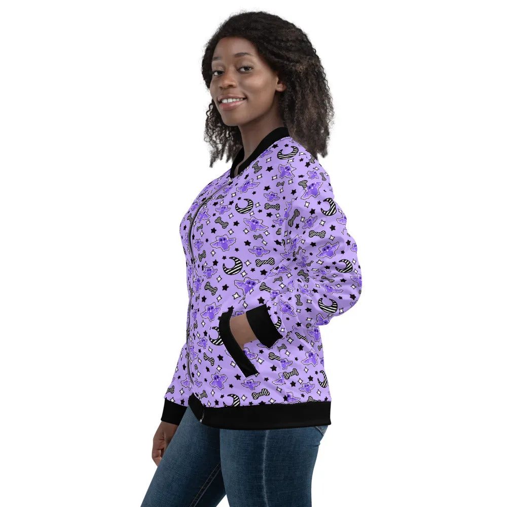Magical Kawaii Spooky Bats Purple Unisex Bomber Jacket