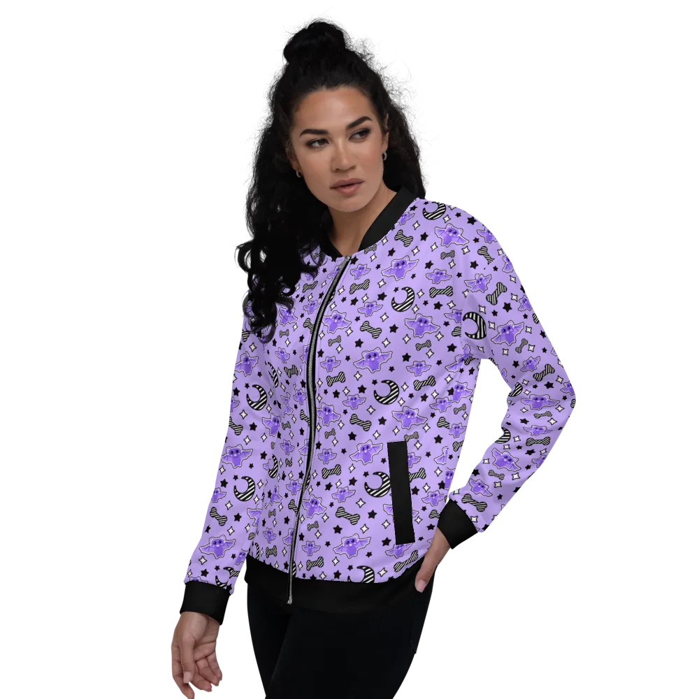 Magical Kawaii Spooky Bats Purple Unisex Bomber Jacket