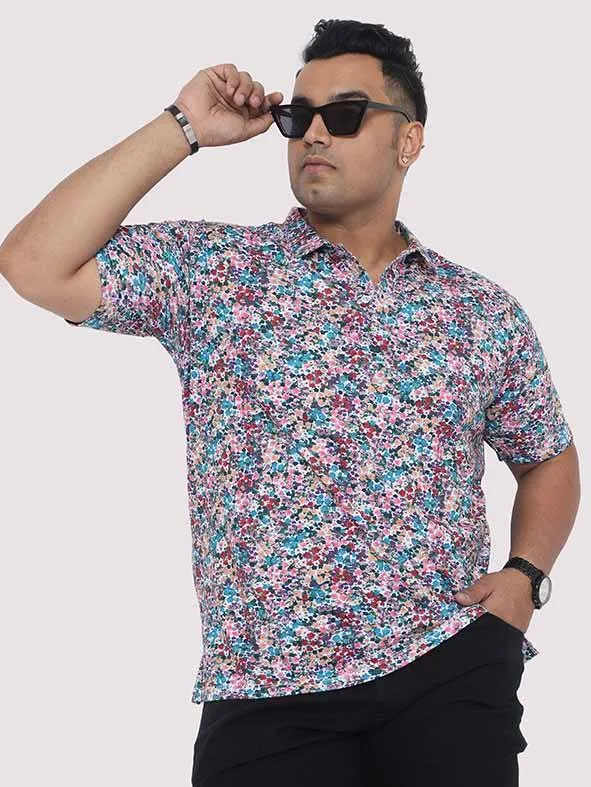 Men Plus Size Rouge Floral Digital Printed Polo Collar T-shirt