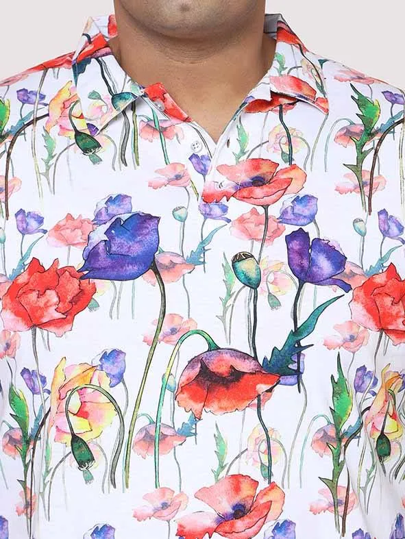 Men Plus Size Watercolor Flower Digital Printed Round Neck T-Shirt