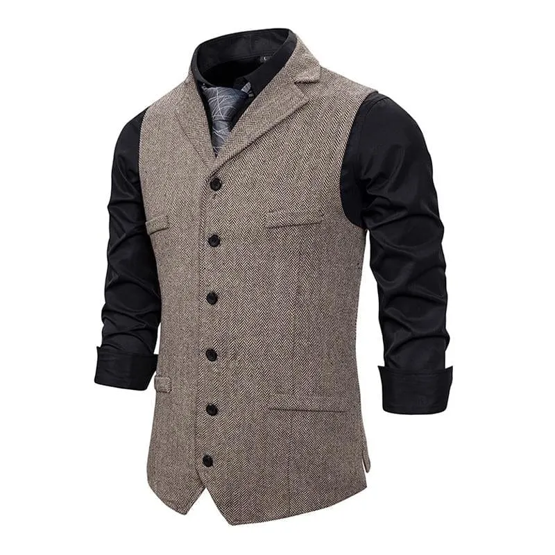 Men's Vintage Lapel Herringbone Single Breasted Vest