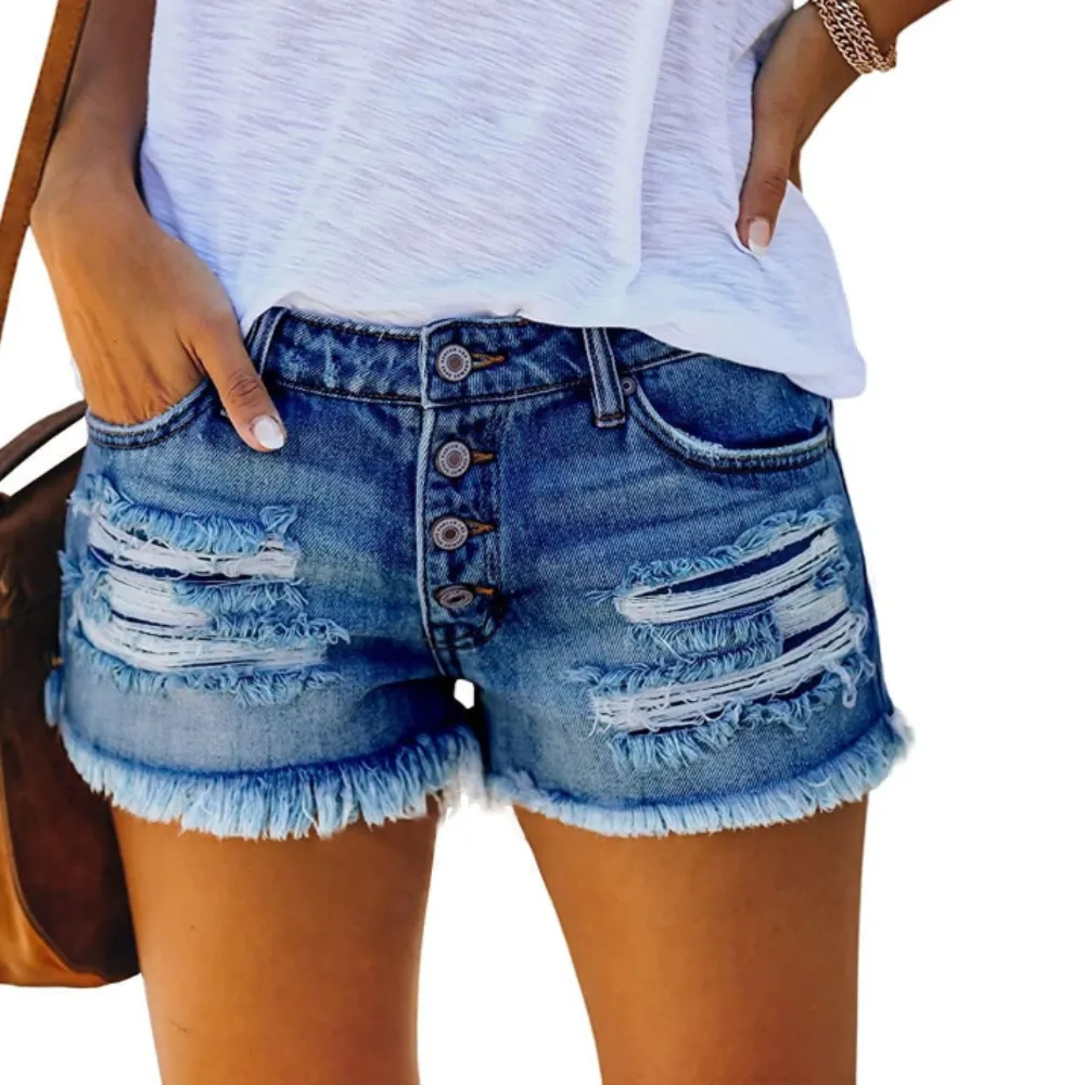 Mid Rise Denim Shorts – Stylish Raw Hem with Button Fly and Pockets