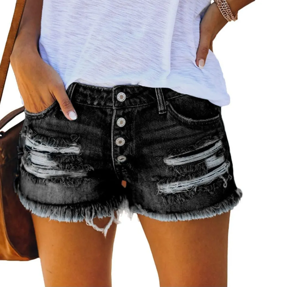 Mid Rise Denim Shorts – Stylish Raw Hem with Button Fly and Pockets