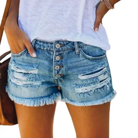 Mid Rise Denim Shorts – Stylish Raw Hem with Button Fly and Pockets