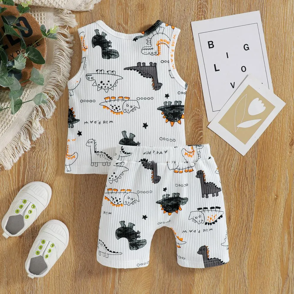 New Spring And Summer Boys' Dinosaur Print Striped Vest Shorts Two-Piece Suit Wholesale Kids Clothes