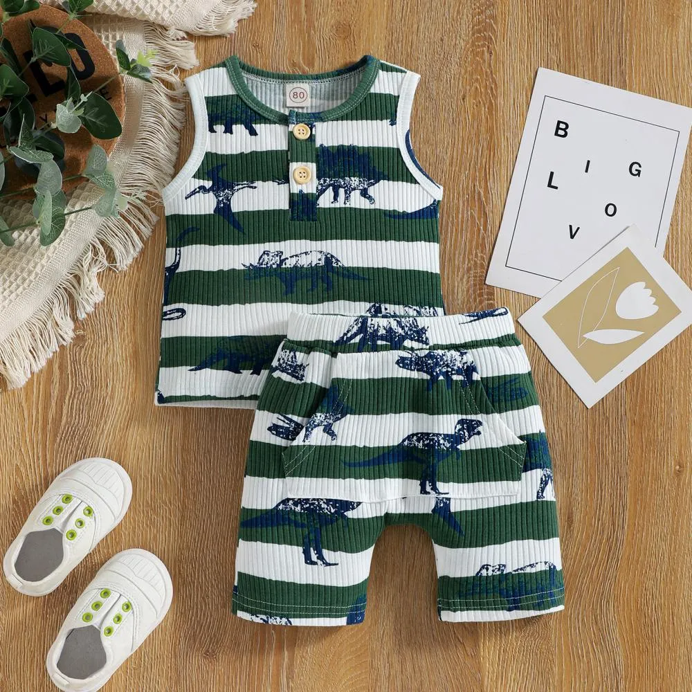 New Spring And Summer Boys' Dinosaur Print Striped Vest Shorts Two-Piece Suit Wholesale Kids Clothes
