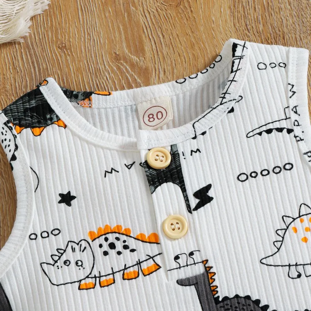 New Spring And Summer Boys' Dinosaur Print Striped Vest Shorts Two-Piece Suit Wholesale Kids Clothes