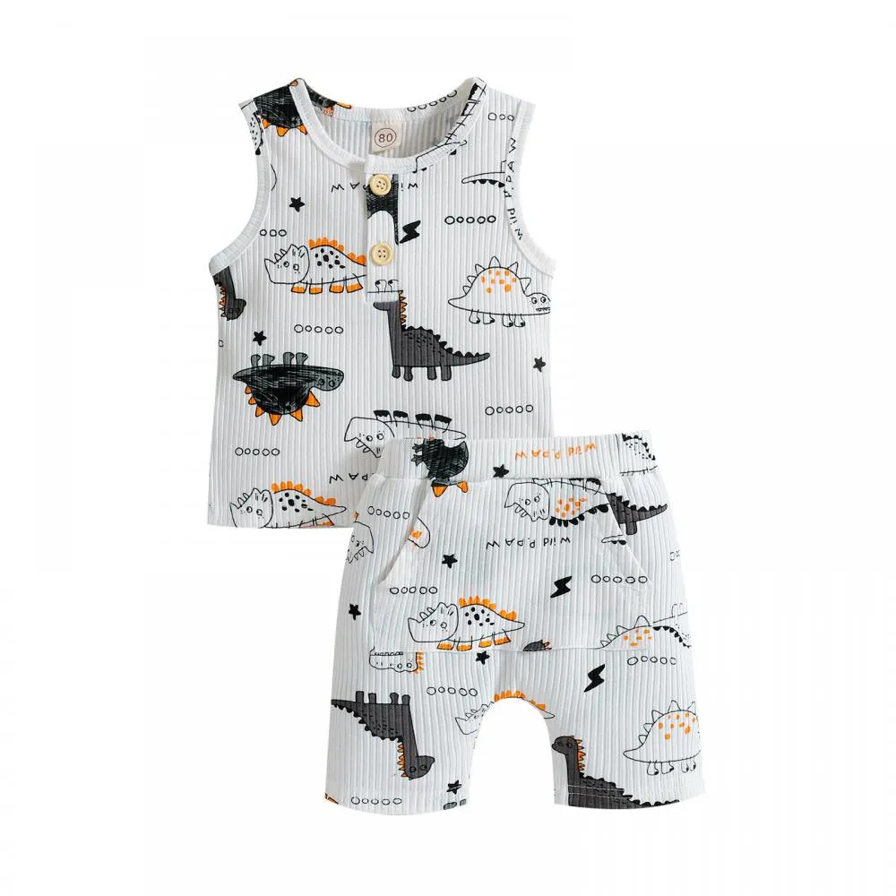 New Spring And Summer Boys' Dinosaur Print Striped Vest Shorts Two-Piece Suit Wholesale Kids Clothes