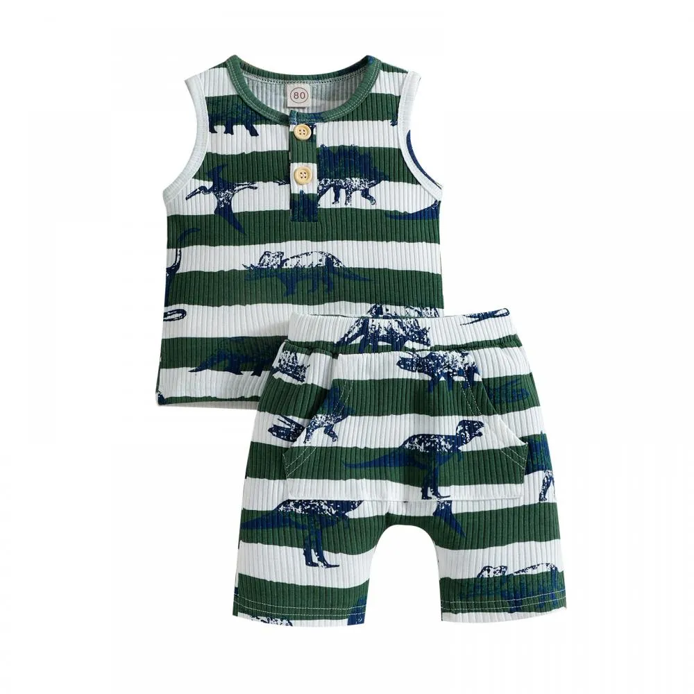 New Spring And Summer Boys' Dinosaur Print Striped Vest Shorts Two-Piece Suit Wholesale Kids Clothes