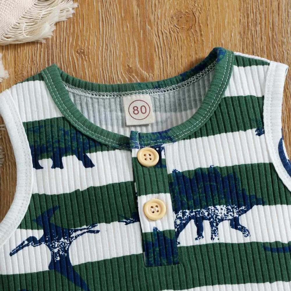 New Spring And Summer Boys' Dinosaur Print Striped Vest Shorts Two-Piece Suit Wholesale Kids Clothes