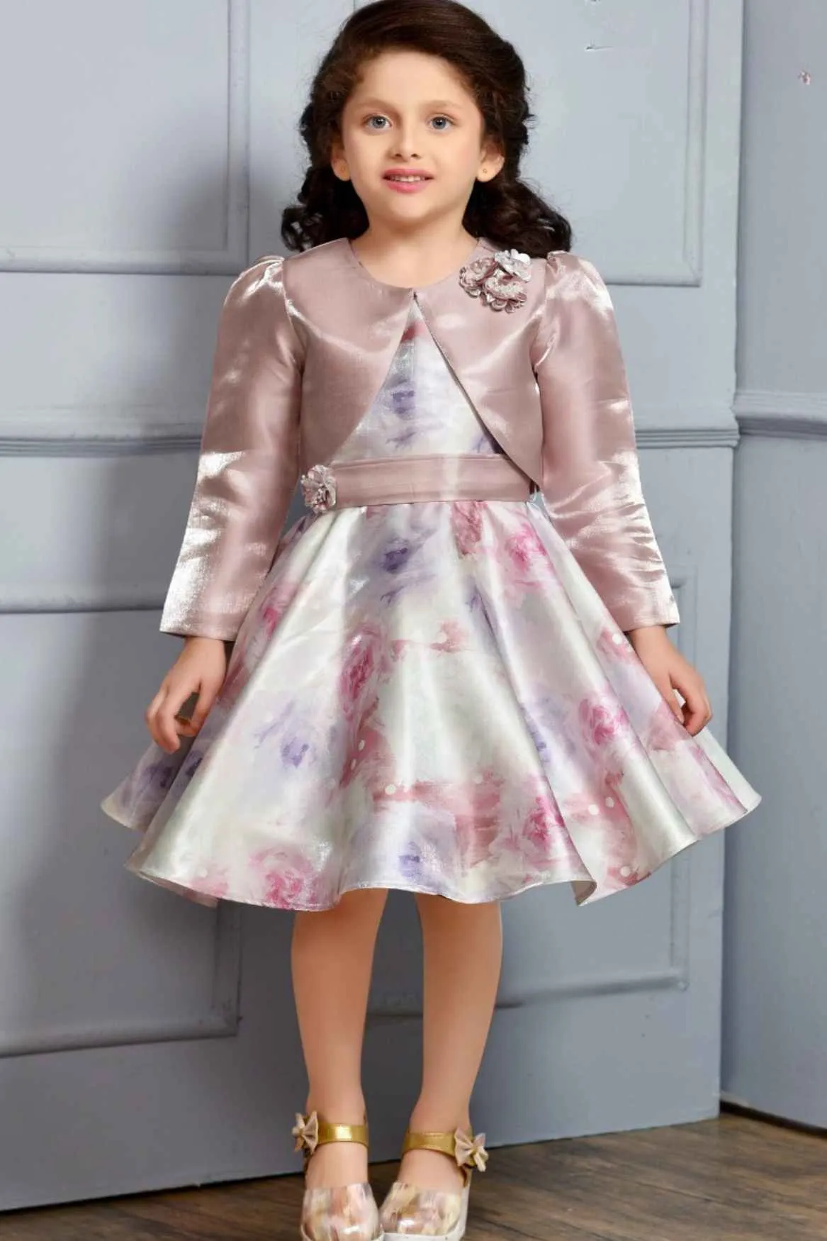 Onion Pink Flared Frock With Overcoat For Girls