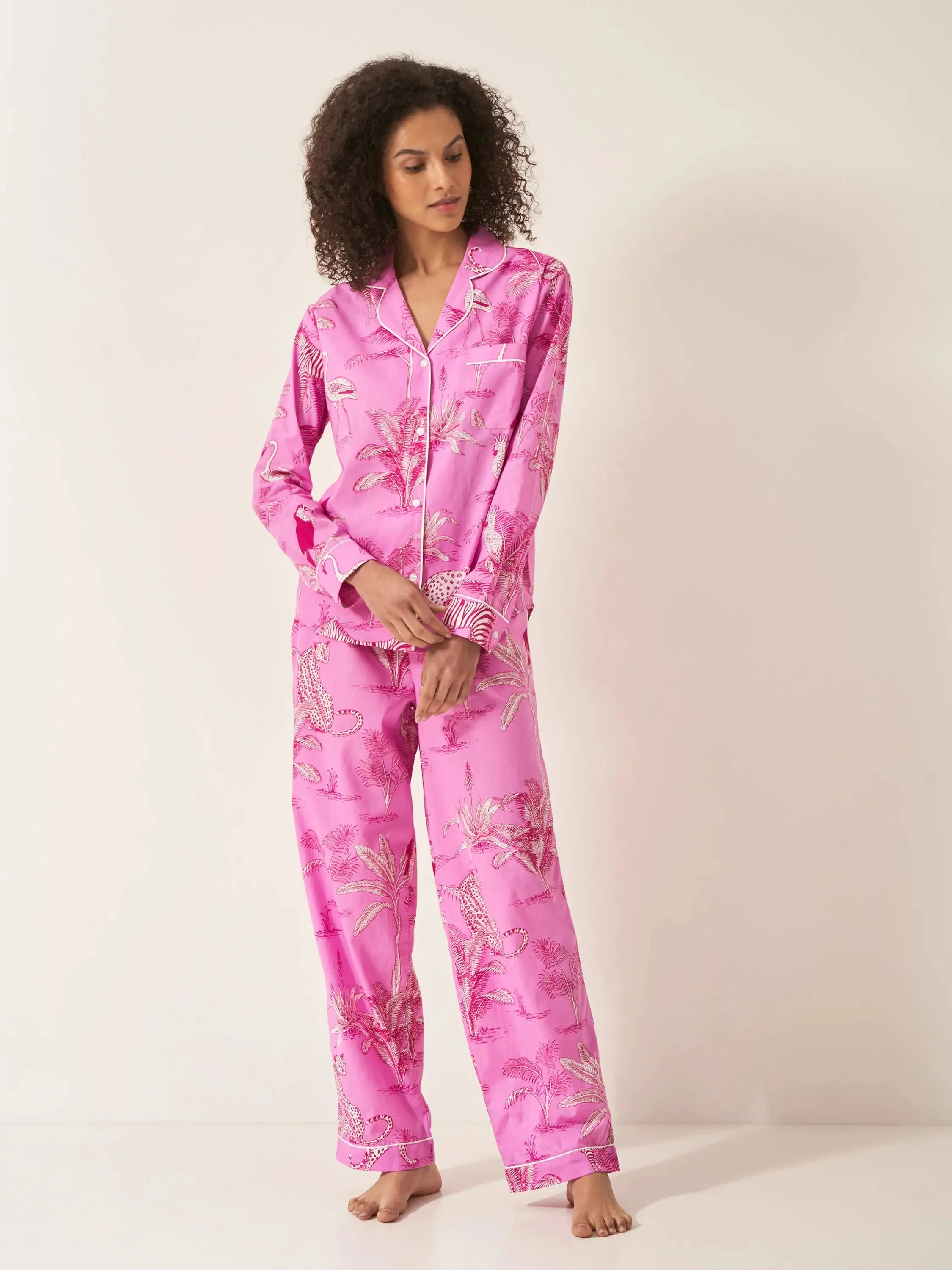 Pink Botanical Jungle Women's Long Sleeve Organic Cotton Pyjama Trouser Set