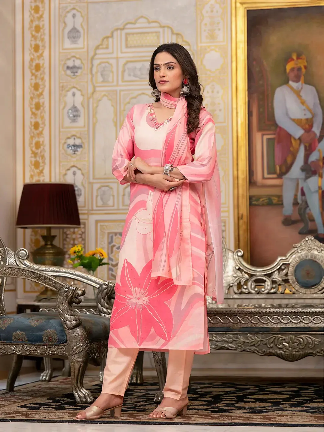 Pink Digital Print Straight Kurta Trouser And Dupatta Set