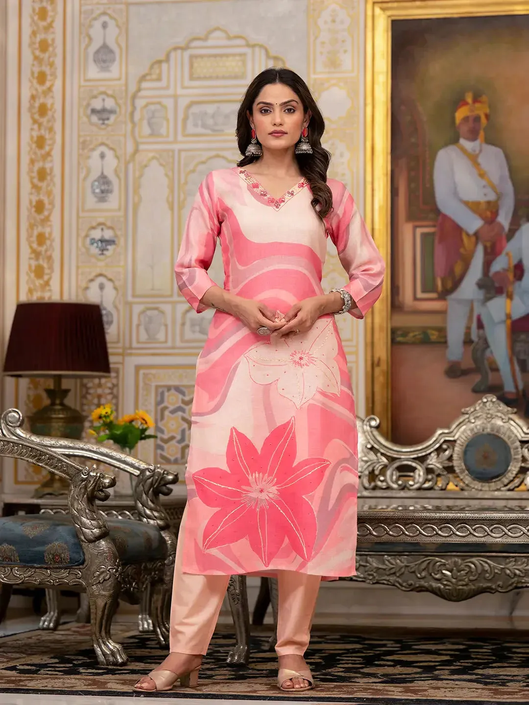 Pink Digital Print Straight Kurta Trouser And Dupatta Set