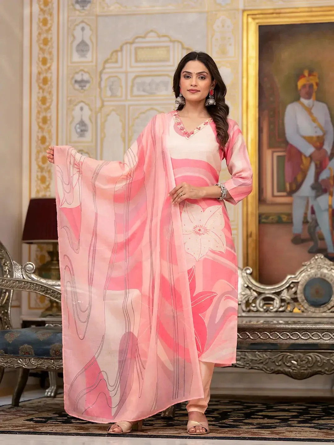 Pink Digital Print Straight Kurta Trouser And Dupatta Set