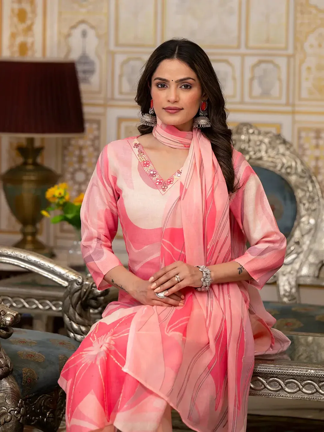 Pink Digital Print Straight Kurta Trouser And Dupatta Set