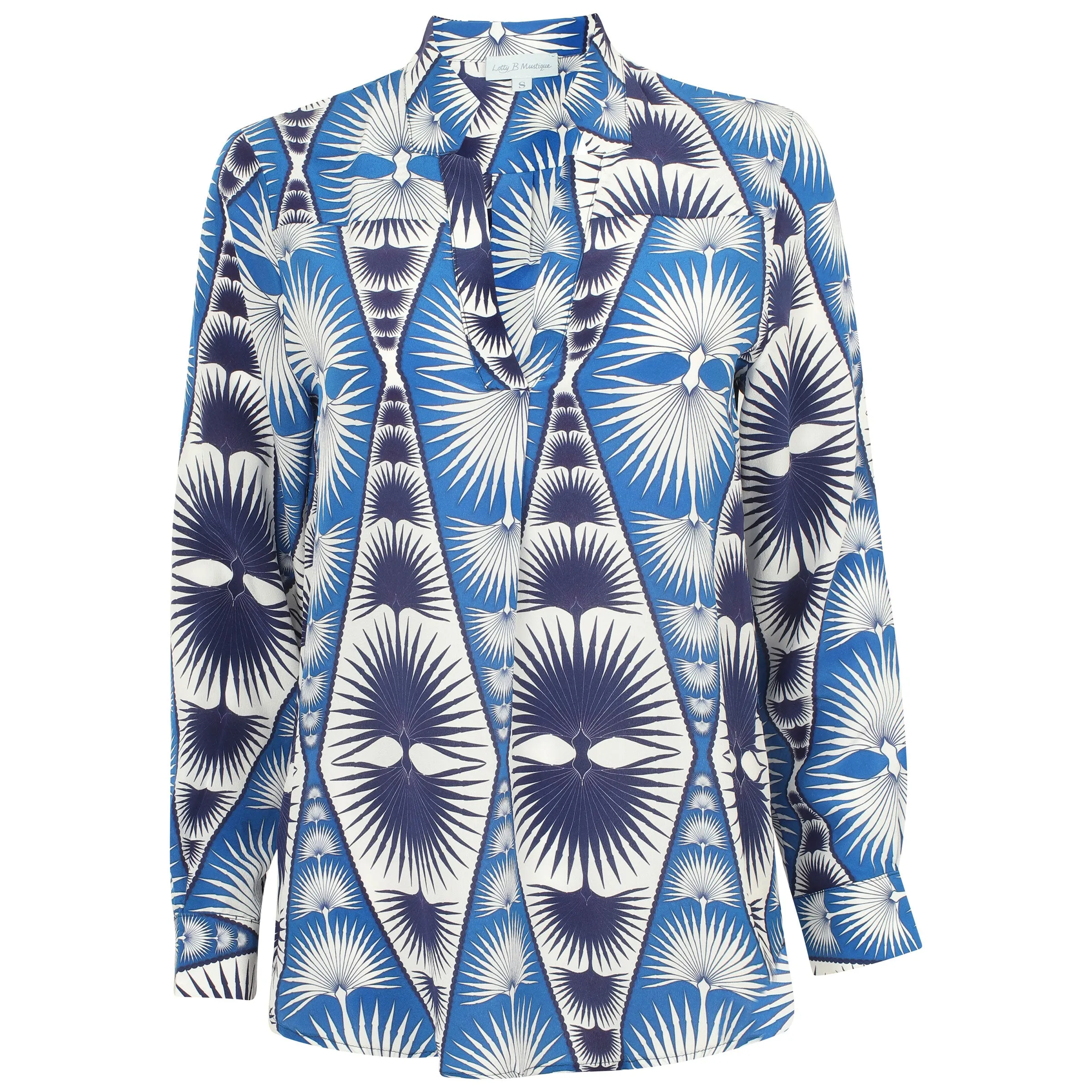 Silk Kim Blouse: FAN PALM REPEAT - BLUE & WHITE