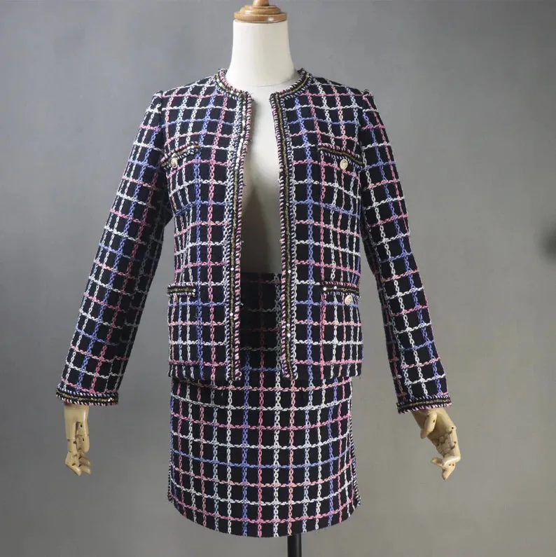 Tailor Suit For Women Multi-Color Check Pattern Tweed Jacket Coat Blazer   Shorts/Skirts/Trousers