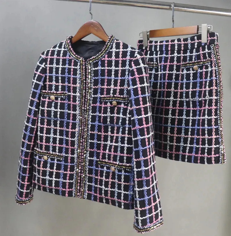 Tailor Suit For Women Multi-Color Check Pattern Tweed Jacket Coat Blazer   Shorts/Skirts/Trousers