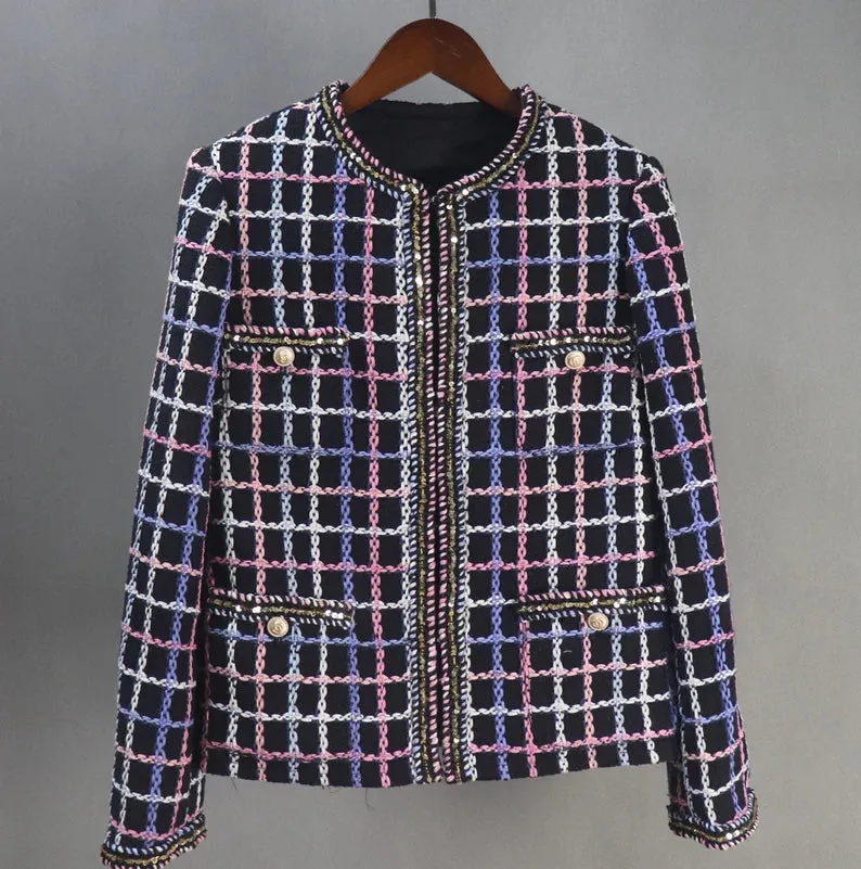Tailor Suit For Women Multi-Color Check Pattern Tweed Jacket Coat Blazer   Shorts/Skirts/Trousers